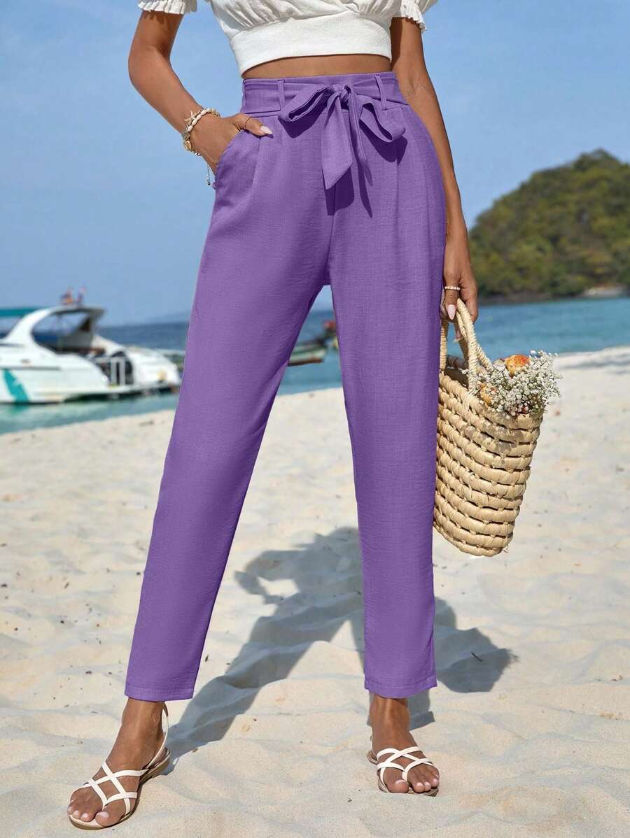 Women's High Waist Drawstring Loose Elastic Waist Casual Vacation Pants - Lilac Purple - View 1