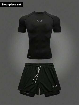 Manfinity Sport PWRUP Men's Wing Print Raglan Short Sleeve T-Shirt And Shorts Sports Suit Breathable Comfortable Minimalist Design Slim Fit For Workout Training Gym Set