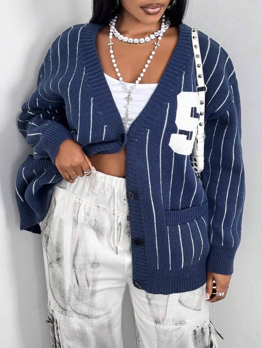 Maweii 大码休闲条纹刺绣开衫 - 藍色 - 查看 1