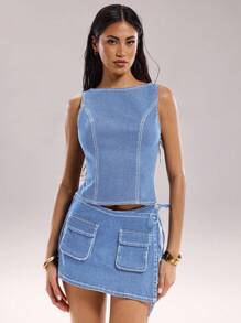 SHEIN BAE Áo denim hở lưng không tay gợi cảm cho nữ, mùa hè - Rửa nhẹ - Xem 6