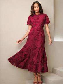 Anewsta Váy ngắn cổ tròn họa tiết hoa xếp nếp viền bèo nhún cho kỳ nghỉ ở bãi biển & ngày lễ tình nhân - Màu Đỏ Sâu - Xem 6