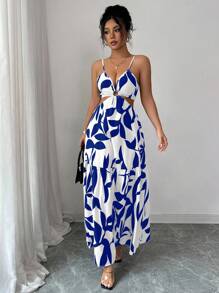 Elenzga 女装夏季新款吊带收腰花卉印花连衣裙（不对称花卉图案）