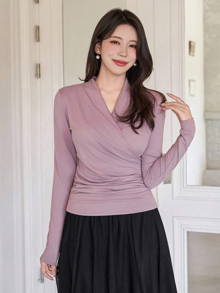 Elegant Solid Color V-Neck Women Long Sleeve Fashion T-Shirt Fall Tops