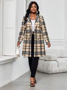 SHEIN Lady 春夏秋冬针织格纹印花翻领西装领双排扣大码中长款风衣 - 彩色 - 查看 3