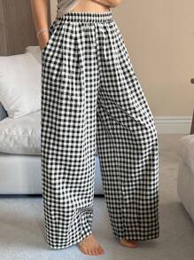 DAZY 格子松紧腰宽松女式家居裤，秋季睡衣 - 黑與白 - 查看 4