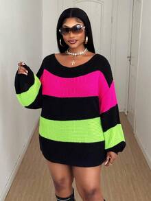 Maweii Damen Große Größen Pullover mit Kontrast-Streifen, Off-Shoulder, locker und lässig