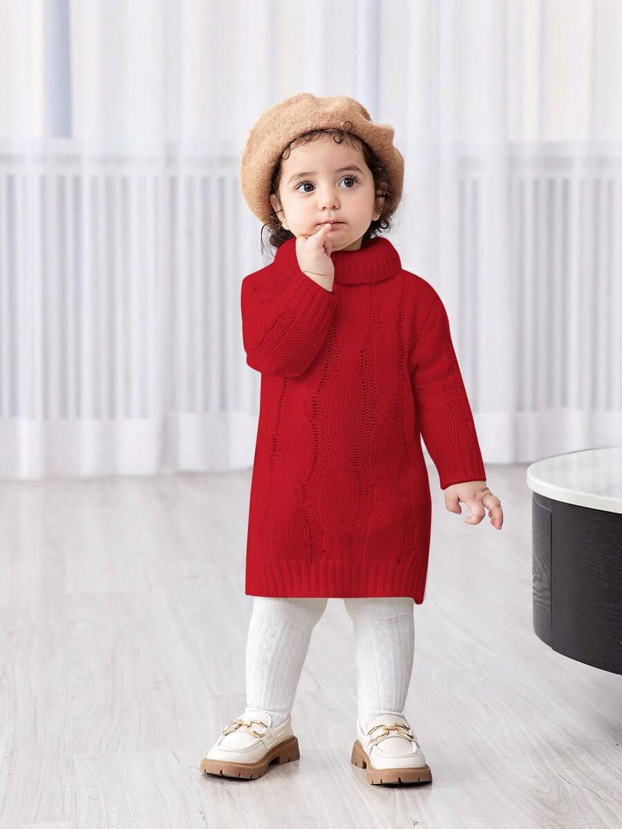 SHEIN Babygirl 可爱扭纹白色高领休闲连衣裙，秋冬 - 紅色 - 查看 1