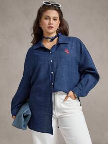 Zelara Soft Navy Blue Plus Size Blouse With Regular Fit And Collar Neckline Button Up Blouse Women Teacher For Women Homecoming,Fall For Women Blue Blouse Women Western Blouse Women Plus Size Button Down Blouse Work/Office - Navy Blue - View 3