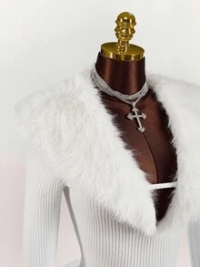 Amplova 女式纯色人造毛皮拼布高领长袖修身迷你连衣裙 - 白色 - 查看 1