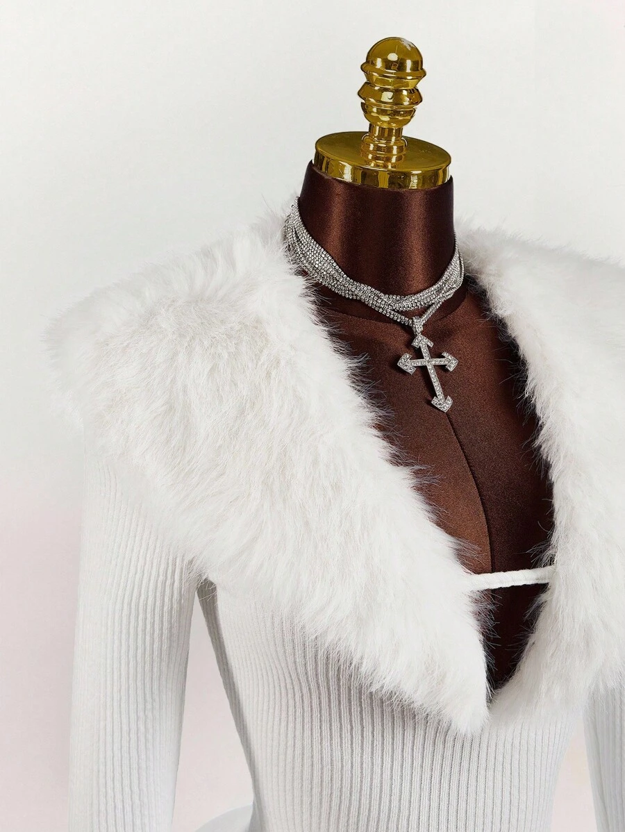 Amplova 女式纯色人造毛皮拼布高领长袖修身迷你连衣裙 - 白色 - 查看 1