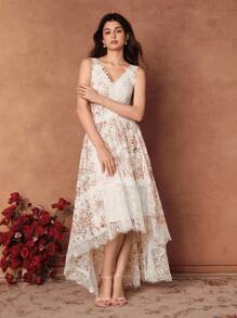 SHEIN Unity Women's Elegant Rose Design French Floral Print Contrast Lace Asymmetrical Dress, Sleeveless - White - View 3
