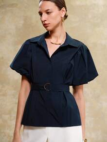 Arave 女式纯色单排扣褶皱泡泡袖衬衫 - 藏蓝色 - 查看 6