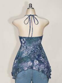 SHEIN ICON Blusa hippie de estilo boho para mujer de talla grande, de verano y primavera, con escote halter, cuello en V, estampado retro y espalda descubierta, para salir y vacaciones - Agua verde azul - Ver 2