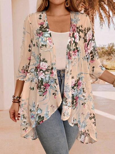 EMERY ROSE معطف صيفي خفيف الوزن مفتوح من الأمام بتصميم غير متماثل للأطراف، ملابس عطلة ريفية كاجوال، بسيط وأنيق للارتداء اليومي، ملابس صيفية للنساء، ملابس غربية للنساء في فصل الخريف/الشتاء