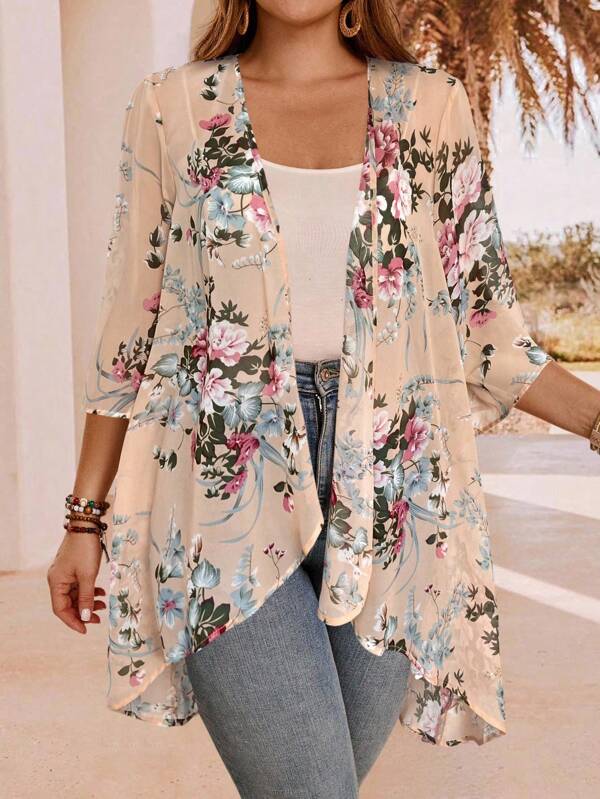 EMERY ROSE Plus Size Elegant Asymmetrical Hem Front Open Lightweight Summer Jacket,Country Casual Vacation Outfits Woman,Simple And Fashionable For Everyday Wear,Summer Outfits For Women,Western Wear Women In Fall/Winter