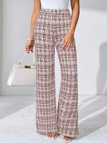 SHEIN Clasi 夏季优雅女士格纹印花弹力针织裤，适合各种场合，适合夏季度假、优雅旅行、日常通勤 - 粉色 - 查看 6