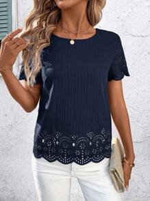 SHEIN Clasi Women's Casual Solid Color Short Sleeve Burnout Shirt, Spring/Summer - Navy Blue - View 3