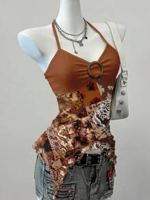 Attitoon Paisley Print Mesh Camisole Top, Bohemian, Western, Punk Rock, Y2K, Music Festivals, Boho, Beach, Summer Miami Girl, Autumn Women Clothes Suitable For Going Out - Multicolor - View 1