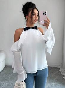 Elenzga Blusa de mujer con volantes y lazo en los hombros, de manga larga - Blanco - Ver 7