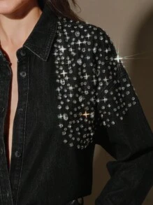 Anewsta Vintage Embellished Rhinestone & Pearl Decorated Denim Blouse For Women, Suitable For Spring, Holiday, Casual, Festival, Vacation, Elegant - Black - View 2