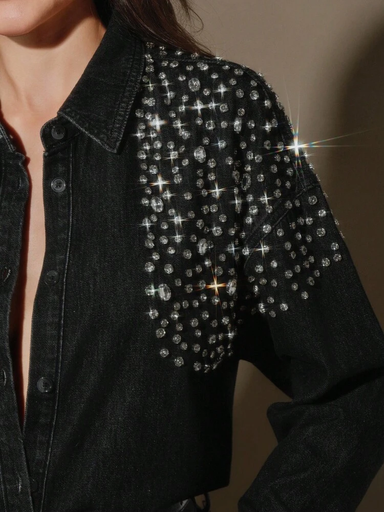 Vintage Embellished Rhinestone & Pearl Decorated Denim Blouse For Women, Suitable For Spring, Holiday, Casual, Festival, Vacation, Elegant