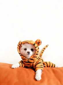 老虎服装宠物衣服毛绒羊毛四腿设计保暖冬季服装小型中大型犬猫服装背带万圣节圣诞节拍照 - 黃色 - 查看 5