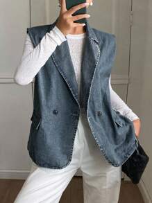 DAZY 女士夏季翻领无袖宽松休闲牛仔夹克和外套 - 中等水洗藍 - 查看 2