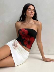 Aloruh 女士休闲度假抹胸短款上衣，红色花卉印花，适合度假、海滩 - 彩色 - 查看 4