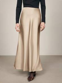 BizChic 2025 Autumn Women's Satin Waist Mermaid Hem Skirt, Business Casual Daily Commute Elegant Beach Resort Suitable For Wedding Guest, Brunch, Airport, 90s Retro Office - Champagne - View 2