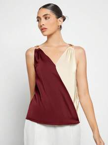 BizChic Women's Colorblock Patchwork Metal Decor Casual Blouse, Simple Urban Commuting Basic Style, Minimalist Fashion Elegant Business Casual For Women, Suitable For Teachers, Office, Weddings, Concerts - Burgundy - View 3