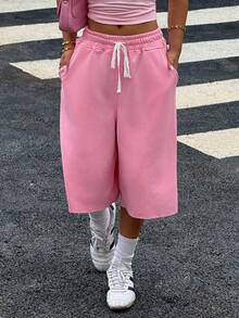 Muchica 秋季新款女粉色针织阔腿百慕大短裤，纯色，简约休闲日常穿搭，适合日常出街 - 淺粉色 - 查看 1