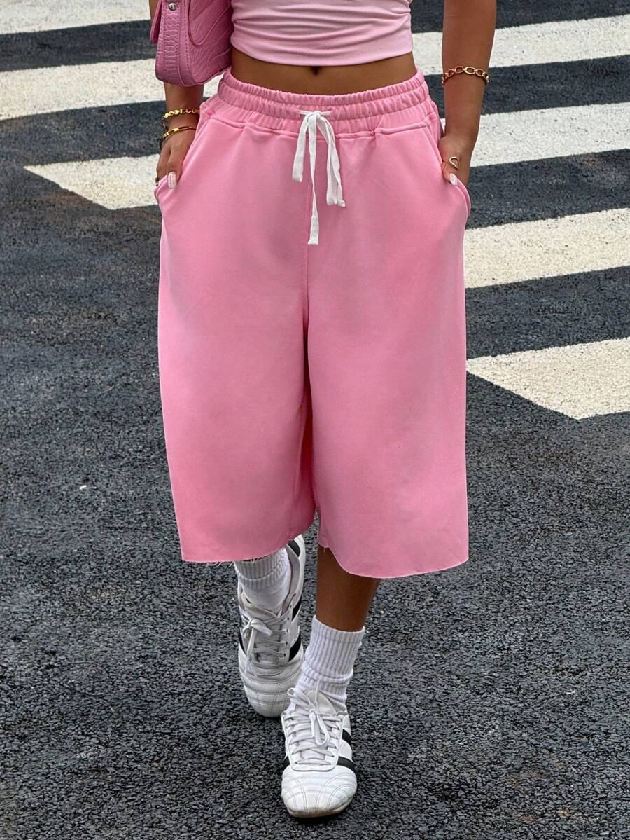 Muchica 秋季新款女粉色针织阔腿百慕大短裤，纯色，简约休闲日常穿搭，适合日常出街 - 淺粉色 - 查看 1