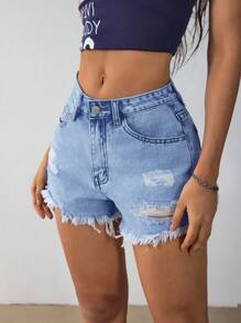 SHEIN Essnce Denim Distressed Shorts, Fashion For Summer - Light Wash - View 3