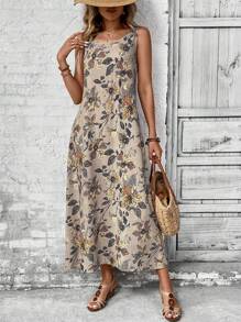 Rusticease Plus Size Women Summer Floral Print Sleeveless Dress, Early Spring,Beach Dress Sundress,Holiday Outfits Boho,Flower/Vacation - Khaki - View 4