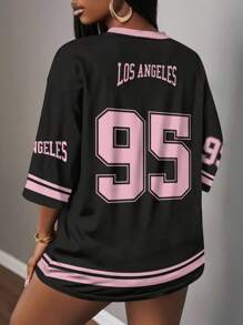 Slaydiva Casual Minimalist Letter & Number Graphic T-Shirt For Women, Suitable For Summer, Mesh Fabric, Number 95 Print, Colorblock, Suitable For Sports Games, Casual Minimalist V-Neck Plus Size T-Shirt Suitable For Summer,Holiday Outfits For Women Jerseys For Women Los Angeles Jersey