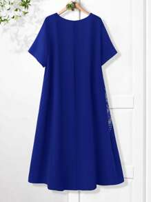 Rusticease 大码短袖连衣裙，夏季时尚 - 寶藍色 - 查看 2