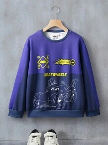 Batwheels X SHEIN Tween Boy Contrast Color Cartoon Pattern Crew Neck Pullover Sweatshirt Boys Sweatshirt Boys Clothes Boys Purple Sweatshirt - Multicolor - View 1