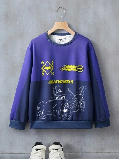 Batwheels X SHEIN Tween Boy Contrast Color Cartoon Pattern Crew Neck Pullover Sweatshirt Boys Sweatshirt Boys Clothes Boys Purple Sweatshirt