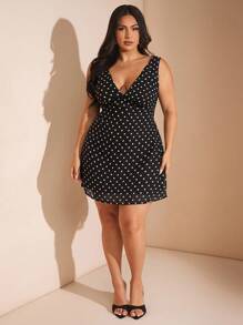 SHEIN BAE Christmas Plus Size Black And White Polka Dot Print V-Neck Sleeveless A-Line Fitted Mini Dress For Women, Vacation Summer Dress Low Cut Costume - Black - View 8