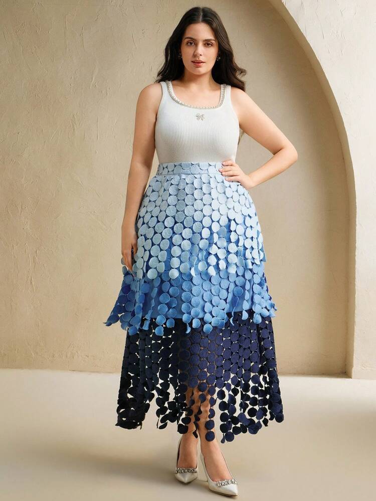 Ladies' Plus Size Spring/Summer Polka Dot Tassel Romantic And Stylish Blue Multi-Color Skirt