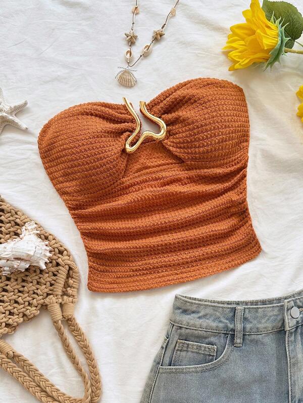 Soleia Women's Vacation Strapless Crop Top With Front Hollow Metal Buckle Decor, Fitted & Slimming, Suitable For Party, Date, Afternoon Tea, Bohemian, Boho, Romantic Floral, Vacation, Holiday, Christmas Orange Tube Top Summer Tube Top Tube Top With Bra Strapless Tube Top,Wrap Top