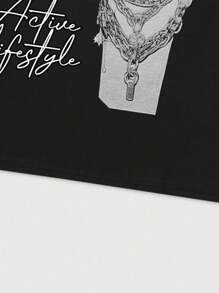 ROMWE MEN Street Life 2 件男士标语印花休闲短裤，适合春夏季 - 黑色 - 查看 5