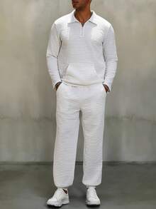 Manfinity Homme Áo thun polo dài tay có túi Jacquard và quần âu thường ngày cho nam Bộ đồ nam màu trắng Bộ đồ phối đồ nam Bộ đồ 2 món cho nam Bộ đồ dệt kim cho nam, Quần áo mùa thu - trắng - Xem 5