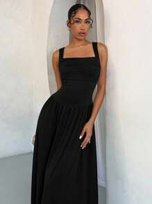 SHEIN BAE Elegancka, jednolita, brązowa sukienka damska z obszernym kołnierzykiem i rozkloszowaną spódnicą, odpowiednia na wiosnę i lato