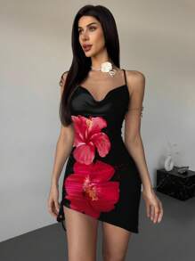 Firerie Red Hibiscus Print Pattern Mini Bodycon Cami Dress, Asymmetrical Hem With Drawstring, Suitable For Holidays, Music Festivals, Beach Vacation, Romance, Summer Miami Girl, Club Outfits Suitable For Going Out Chic Dress - Multicolor - View 3