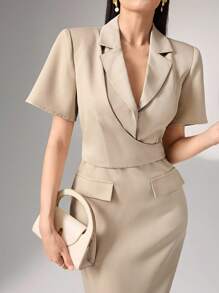 Heiryn Đầm Blazer Tay Ngắn Cổ Quấn Eo Thanh Lịch - Màu Khaki - Xem 2