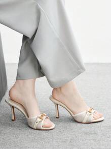 CUCCOO BIZCHIC 米色 PU 皮革金色金属扣时尚舒适夏季优雅圆头穆勒高跟凉鞋女式 - 米色 - 查看 4