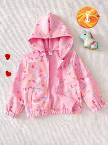 Elladie kids 1pc Young Girl Hooded Zip Up Cute Unicorn Print Lined Fleece Jacket Girls School Wear Pink Jacket Fall Winter - Pink - View 2