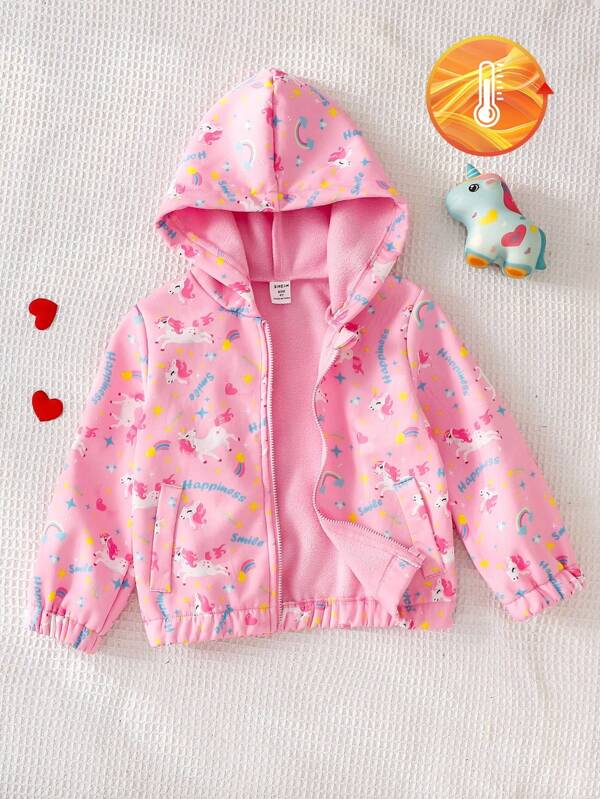 1pc Toddler Girl Hooded Zip Up Cute Unicorn Print Lined Fleece Jacket Girls School Wear Pink Jacket