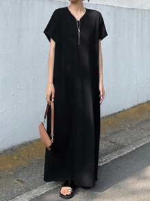 FRIFUL Đầm nữ tay ngắn màu trơn đơn giản khóa kéo kim loại mùa hè, đi nghỉ và tốt nghiệp - màu đen - Xem 4